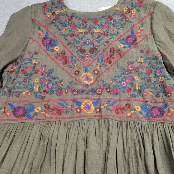 Altar'd State Embroidered Boho Mini Dress Olive Green Bell Sleeve Small C0384 - Picture 2 of 9